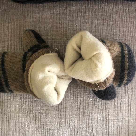 Hand Knitted Wool Mitts Lined Super Warm Navy, Green & Beige M-L - Picture 4 of 4